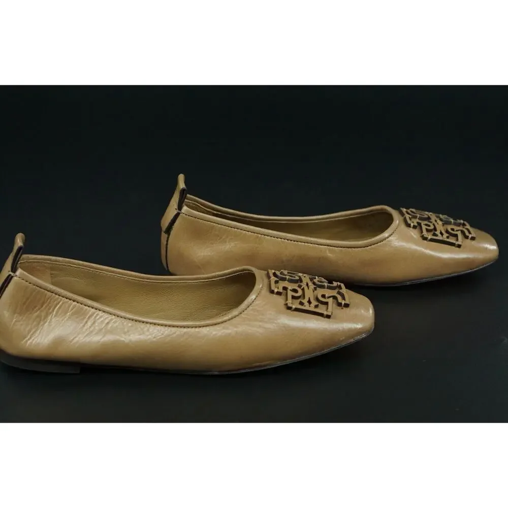 Tory Burch Ines Ballet Flat Leather Size 7.5 Square Toe Logo Tan Almond Rare